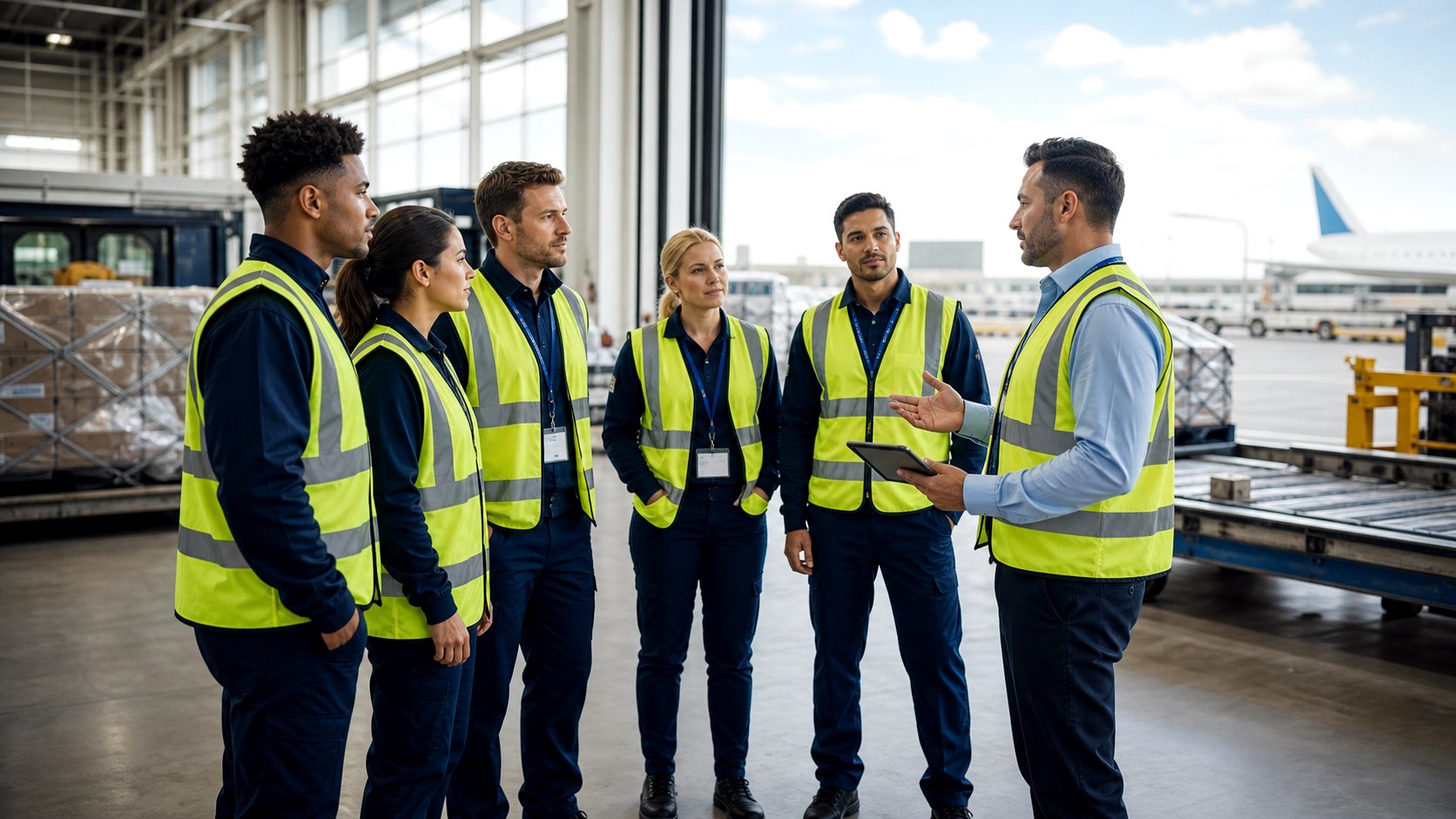 Logistikteam bei einer professionellen Schichtbesprechung