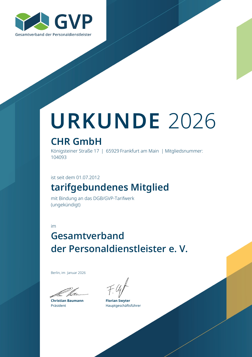 GVP Mitgliedsurkunde der CHR GmbH