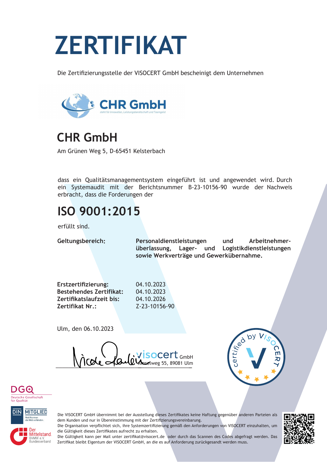 ISO 9001:2015 Zertifikat der CHR GmbH